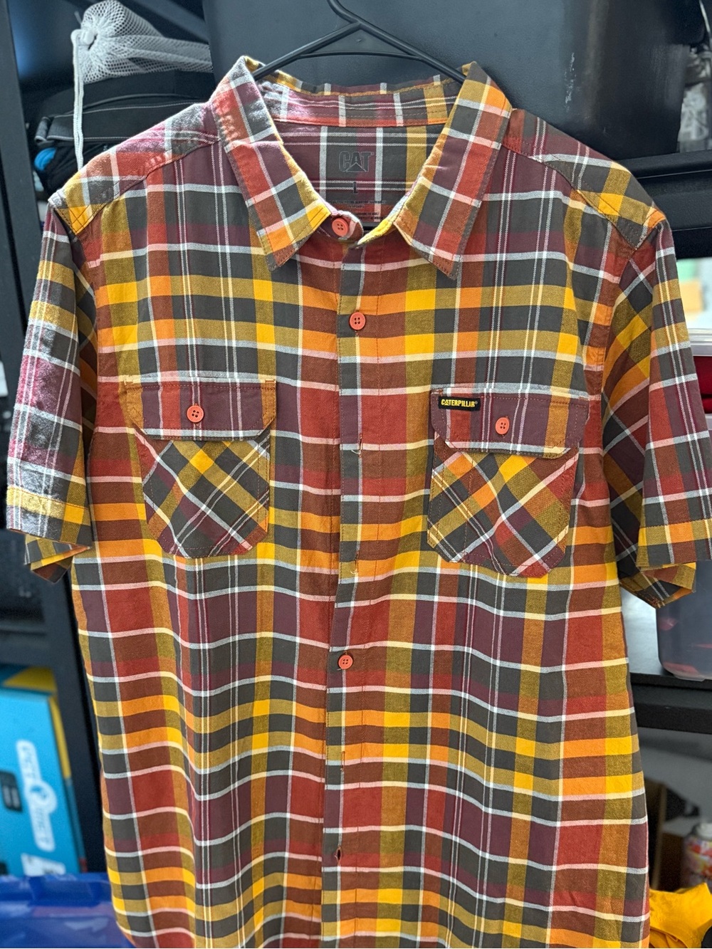 Caterpillar Short-Sleeve Plaid Button-Down Shirt in Rust, Yellow & Brown